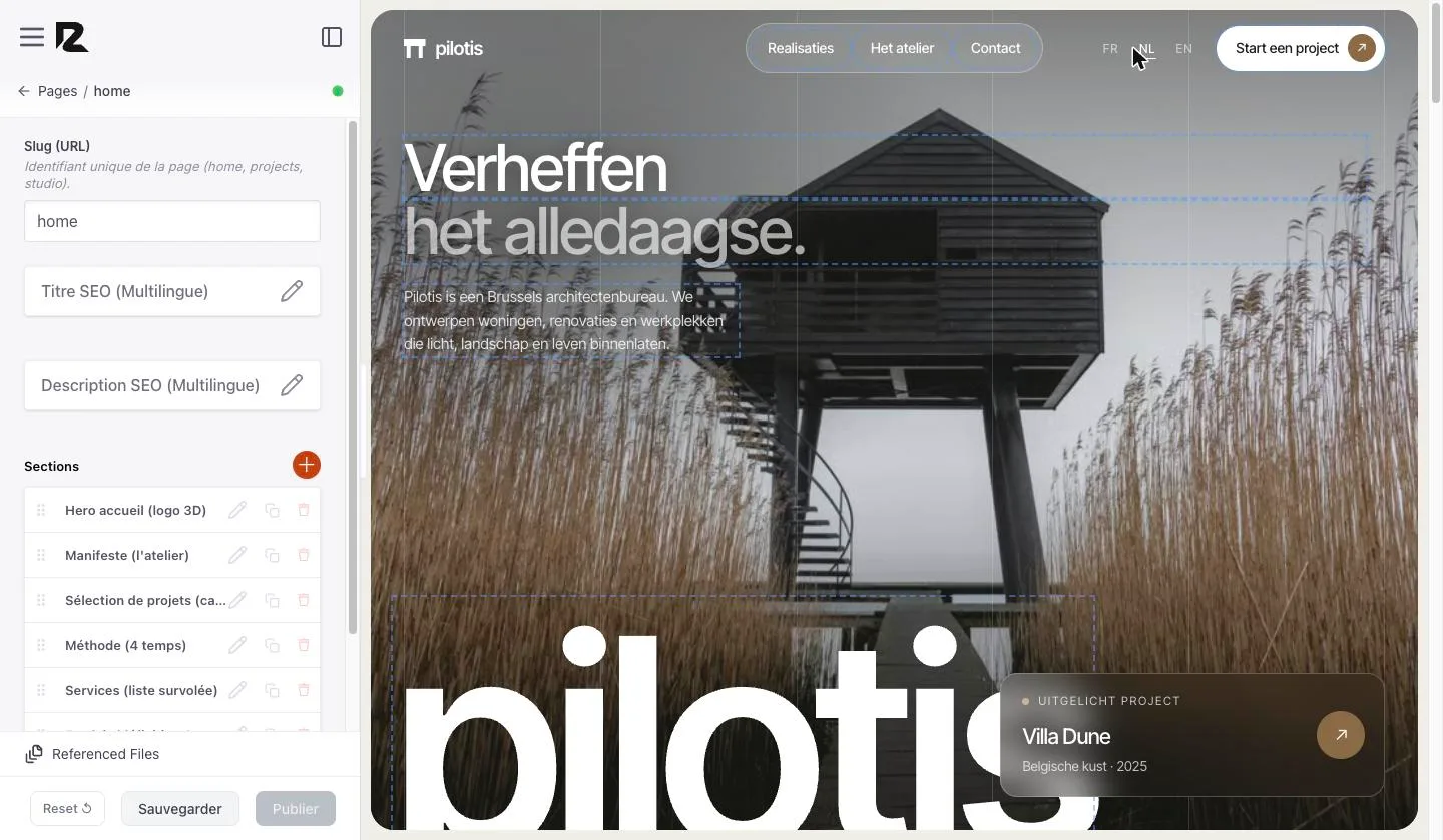 Le site affiché en néerlandais : « Verheffen het alledaagse »