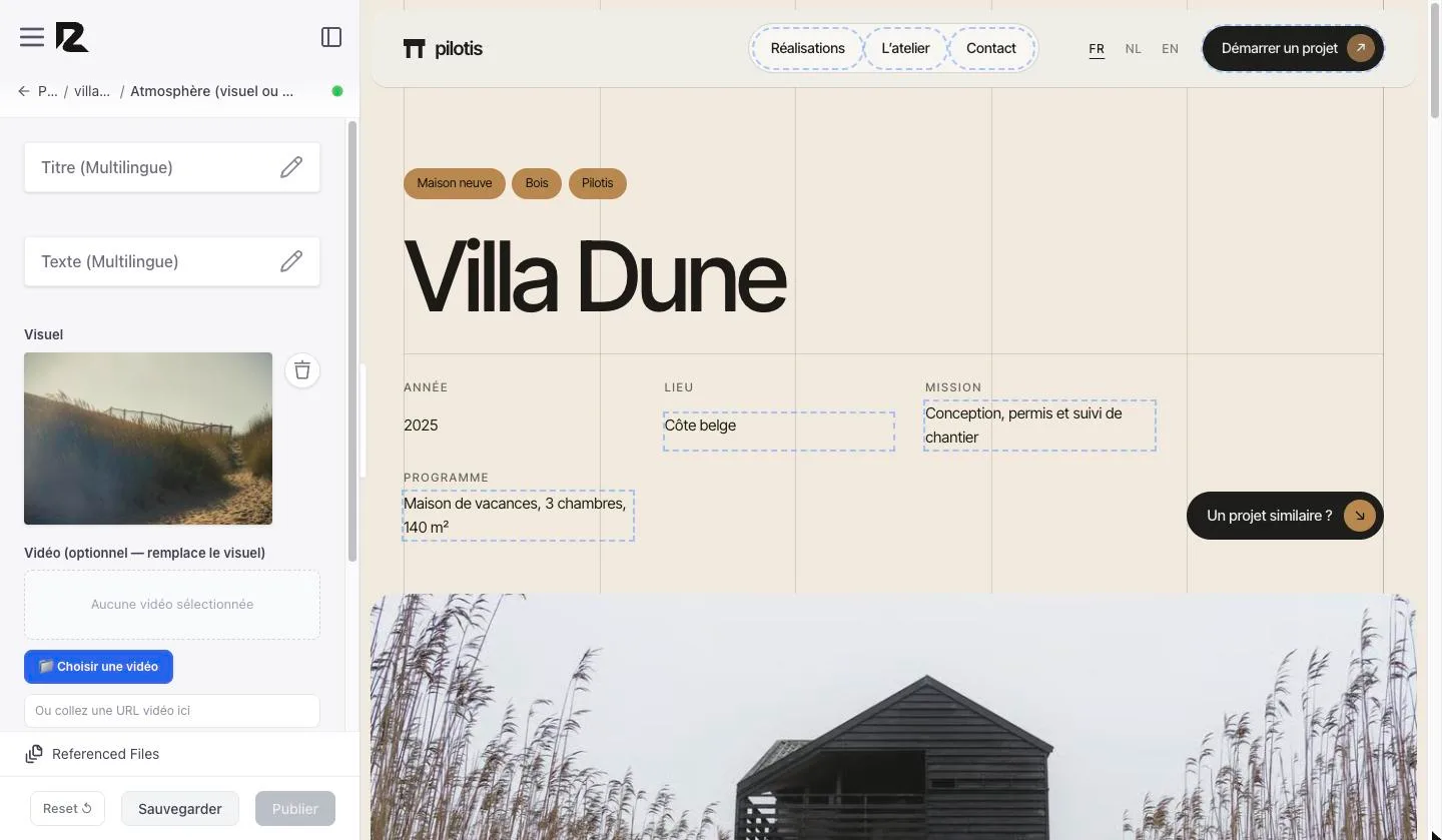 Case « Vidéo (optionnel — remplace le visuel) » : la mention « Aucune vidéo sélectionnée », le bouton Choisir une vidéo et une case pour coller une adresse