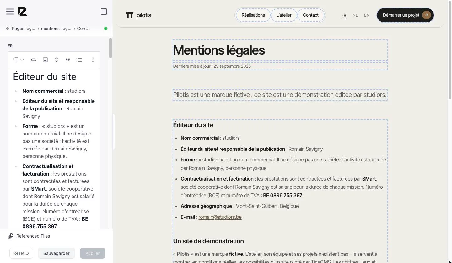 Éditeur de texte long ouvert sur les mentions légales, avec sa barre d'outils