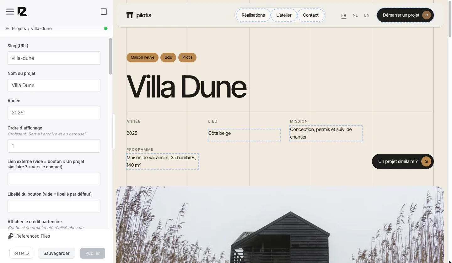 Fiche du projet Villa Dune : cases Slug, Nom du projet, Année, Ordre d'affichage à gauche, page du projet à droite