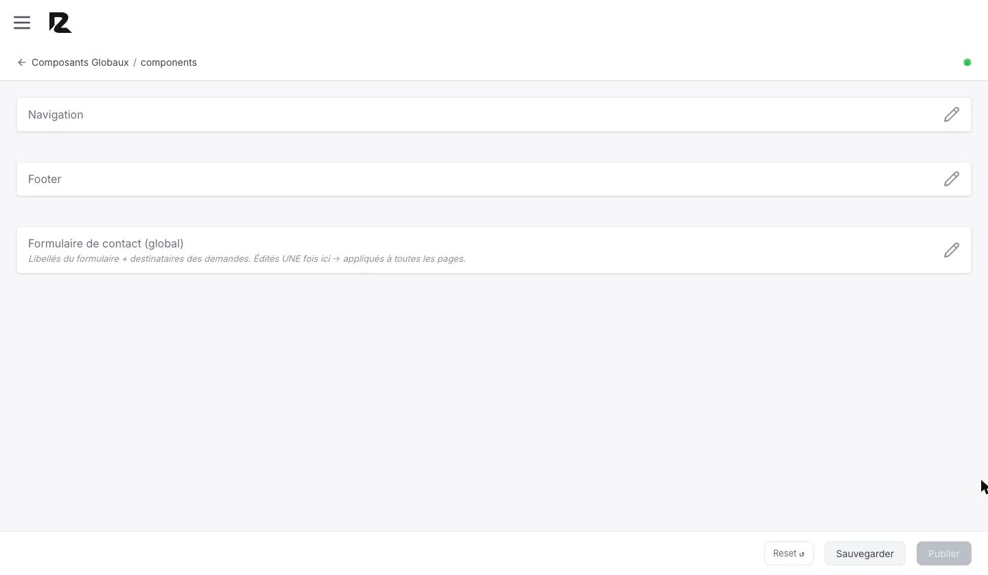 Composants Globaux : trois groupes, Navigation, Footer et Formulaire de contact (global)