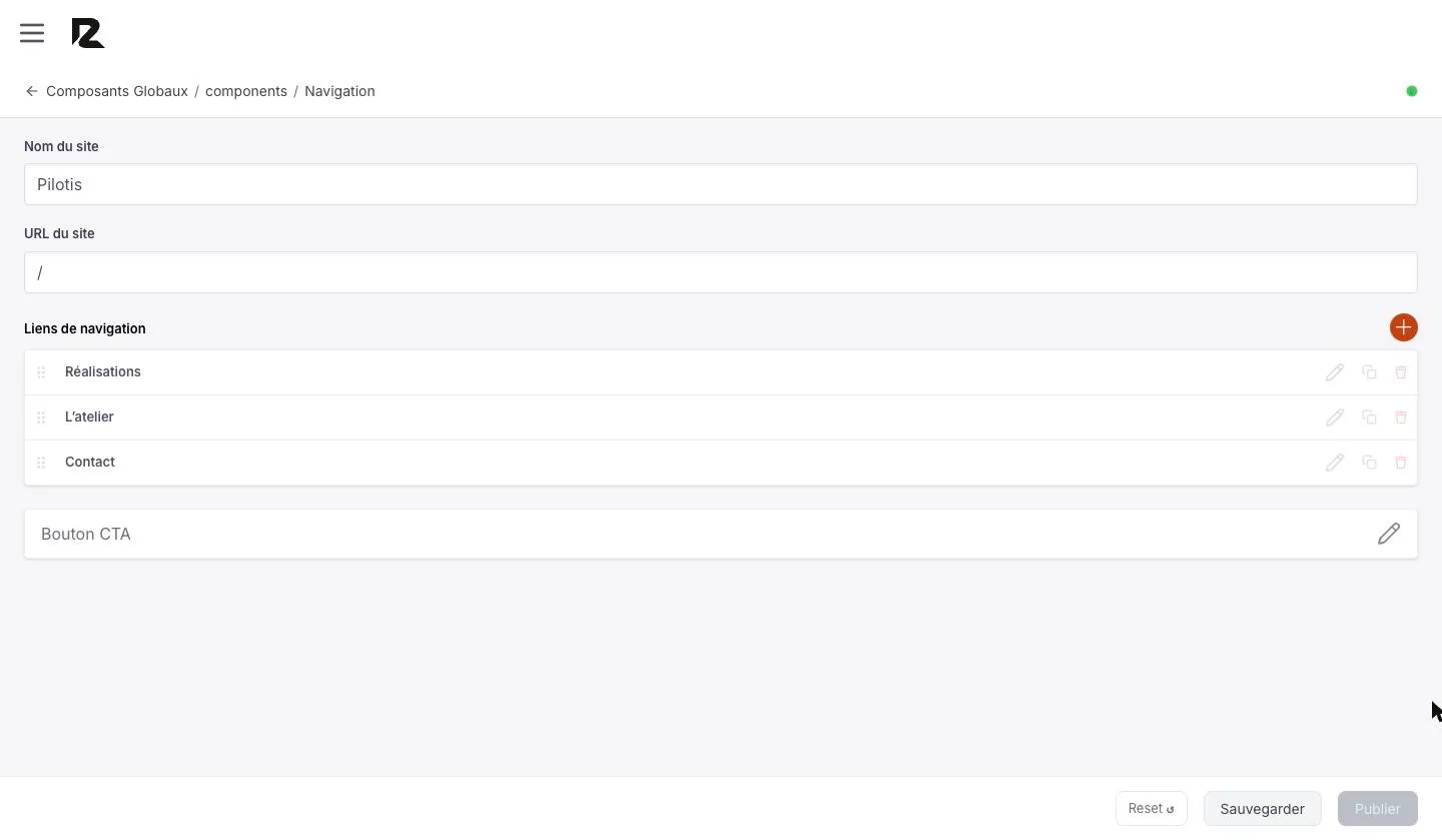 Groupe Navigation : nom du site, URL du site, liens de navigation Réalisations, L'atelier, Contact et bouton CTA