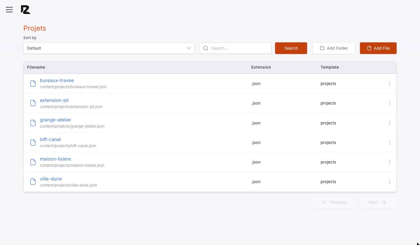 Liste des projets avec le bouton Add File en haut à droite
