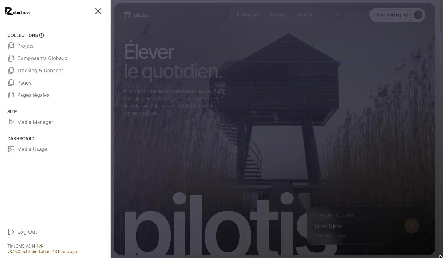 Menu ouvert avec les rubriques Projets, Composants Globaux, Tracking & Consent, Pages, Pages légales, Media Manager et Media Usage