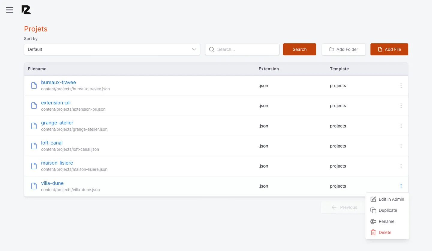 Menu d'une fiche ouvert : Edit in Admin, Duplicate, Rename, Delete
