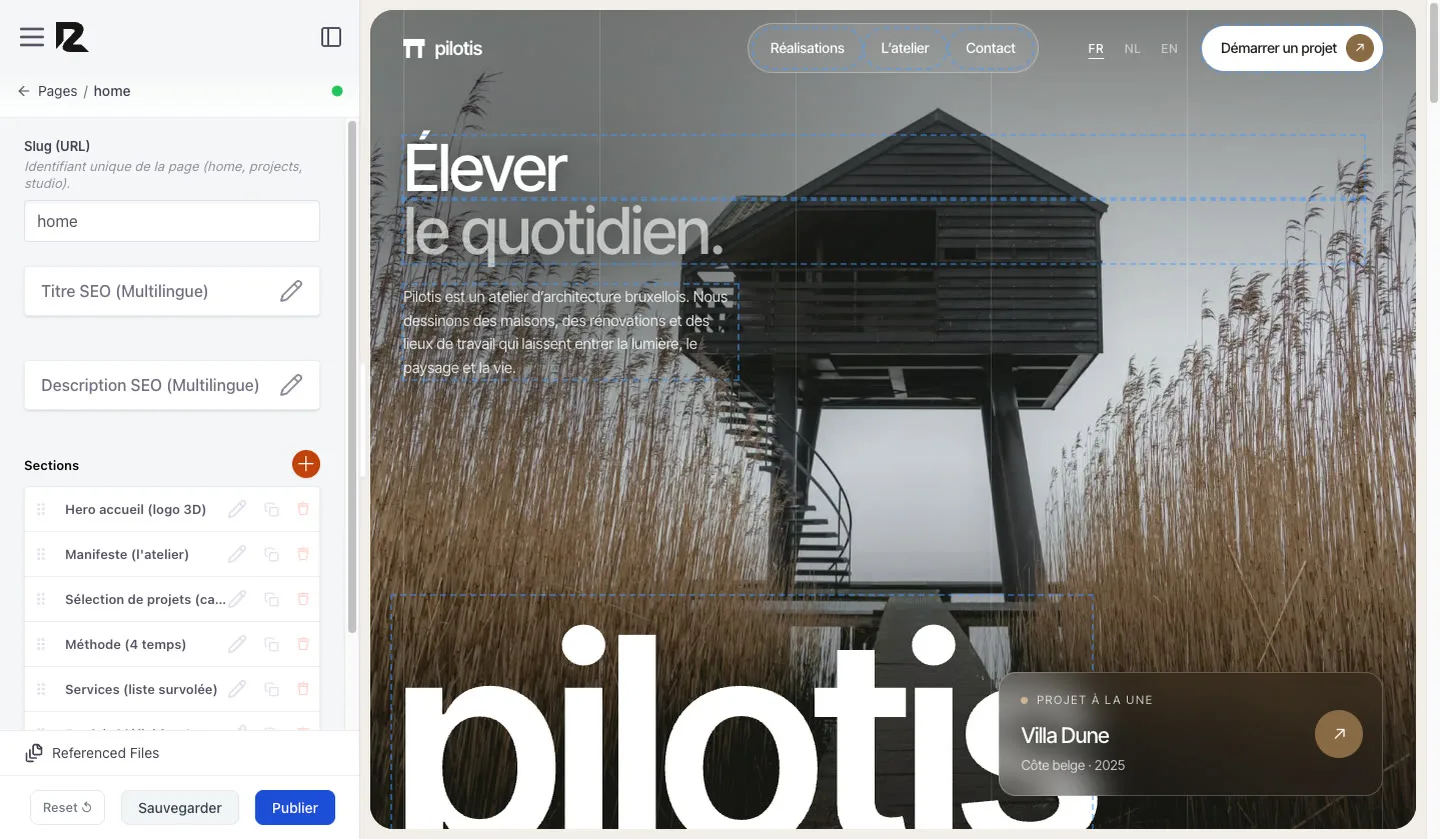 Après la sauvegarde : le point vert en haut du panneau et le bouton Publier bleu en bas