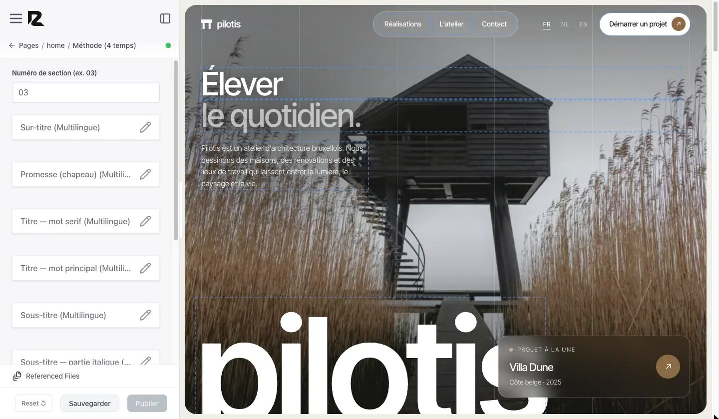 Section « Méthode (4 temps) » ouverte, avec ses cases : numéro de section, sur-titre, promesse, titre, sous-titre