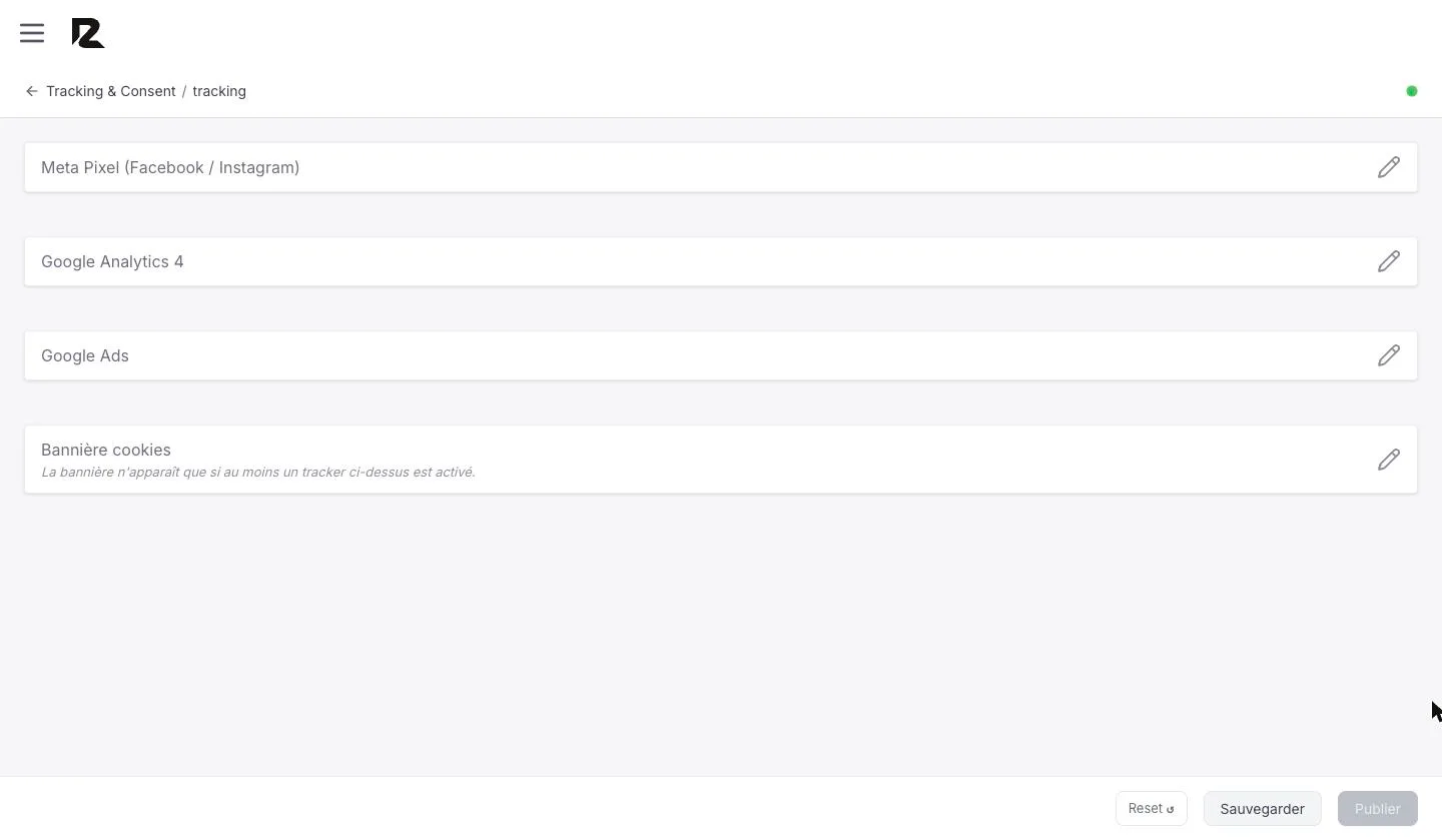 Rubrique Tracking & Consent : Meta Pixel, Google Analytics 4, Google Ads et Bannière cookies